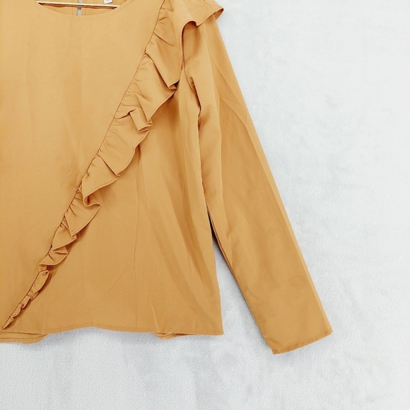 Kensie Jeans Women's Mustard Ruffles Round Neck Long Sleeve Blouse P4810 - Picture 4 of 8